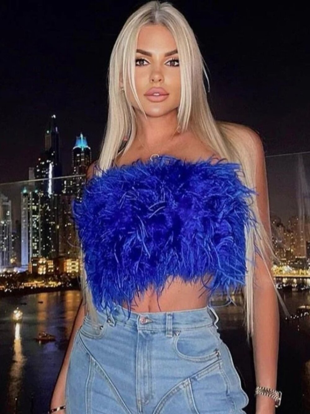 ๐ฅCHIC SEXY GLAM!๐ฅLAMARQUE x REVOLVE ZAINA COBALT LUXURIOUS OSTRICH FEATHER TOP - Picture 7 of 15